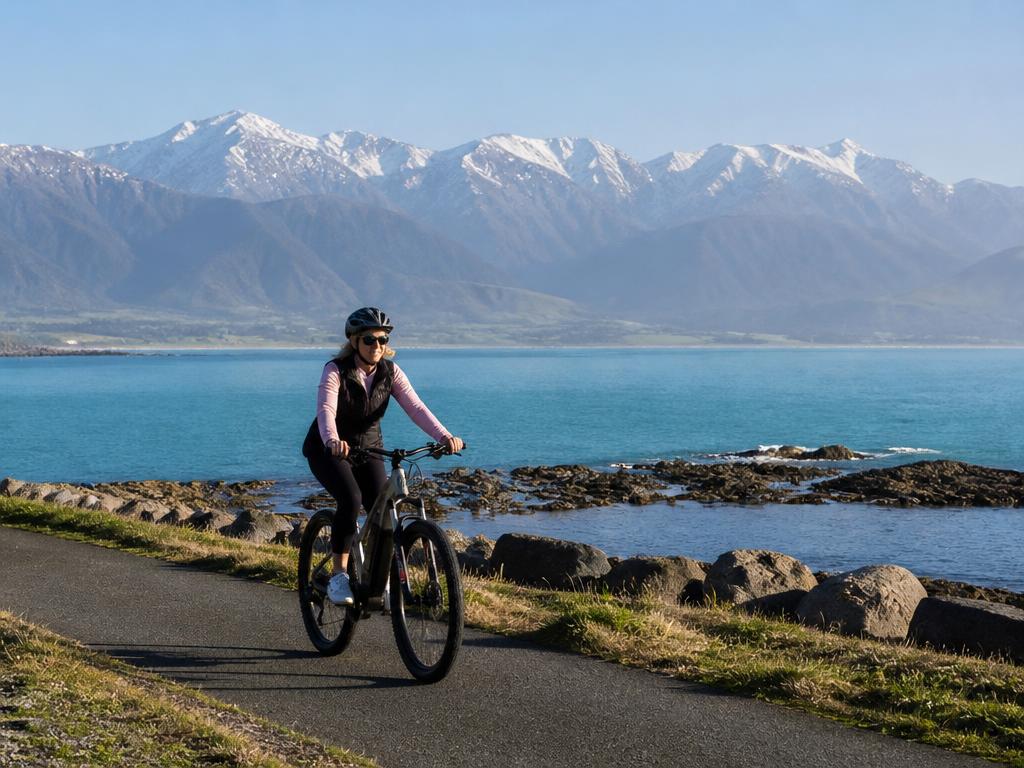 Rider on the coastal esplanade with turquoise ocean and snow-capped mountains