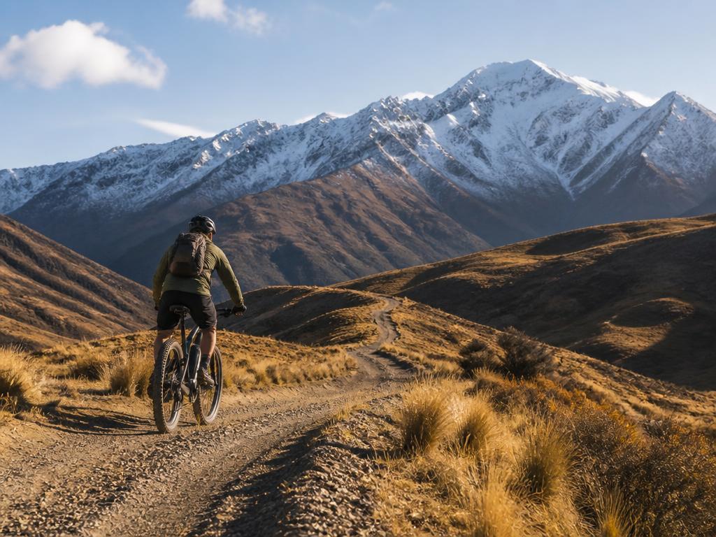 E-bike on a tussock track beneath the snow-capped Seaward Kaikoura ranges