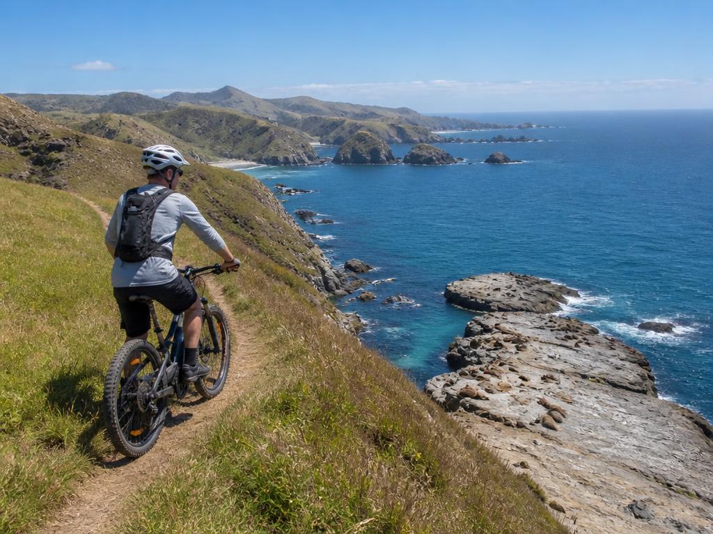 E-bike on a clifftop trail overlooking the Kaikoura peninsula coastline